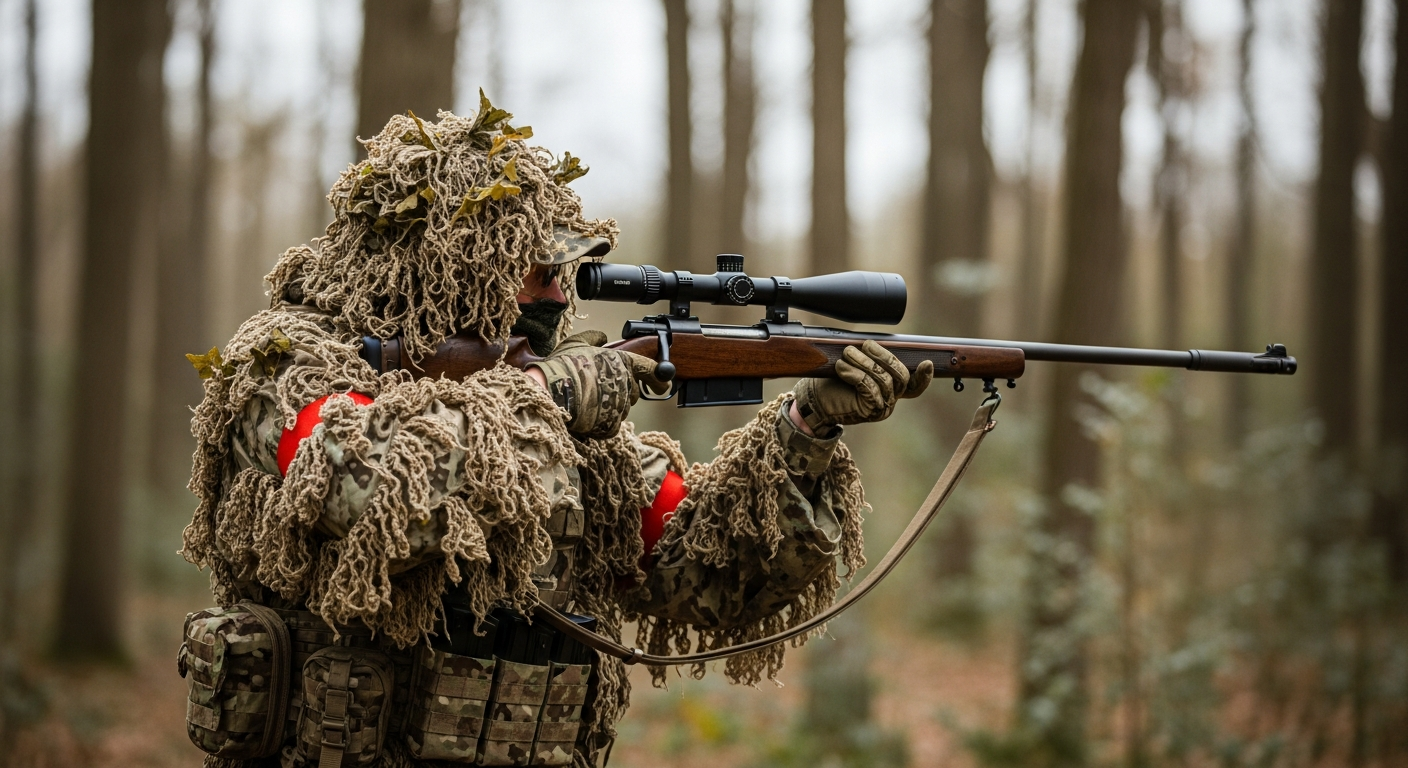 Sniper airsoft en position de tir avec réplique bolt action